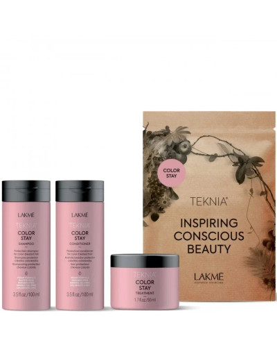 Lakme, Teknia Color Stay Travel Pack: Šampūns 100 ml, kondicionieris 100 ml, līdzeklis 50 ml, 8429421445177